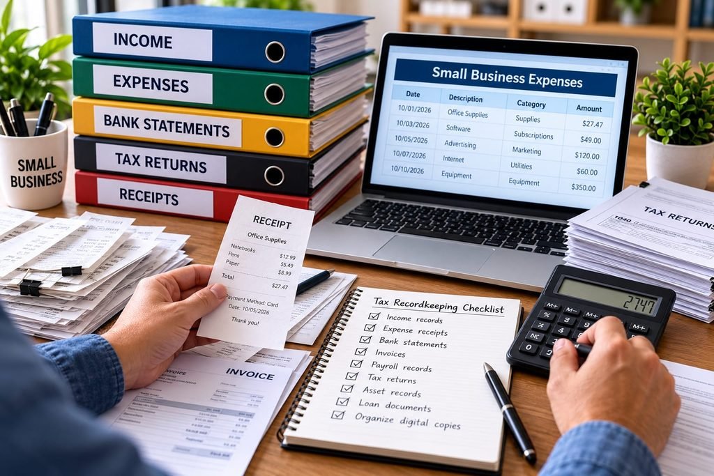 Small business owner organizing tax records, receipts, invoices, and financial documents