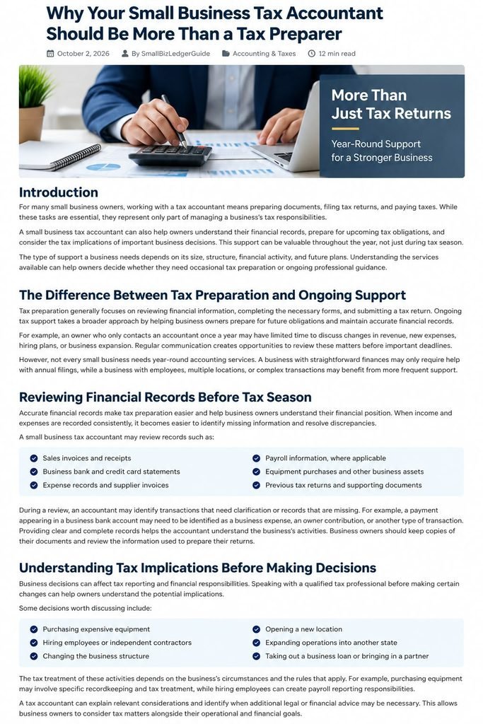 Small business tax accountant reviewing financial documents and using a calculator