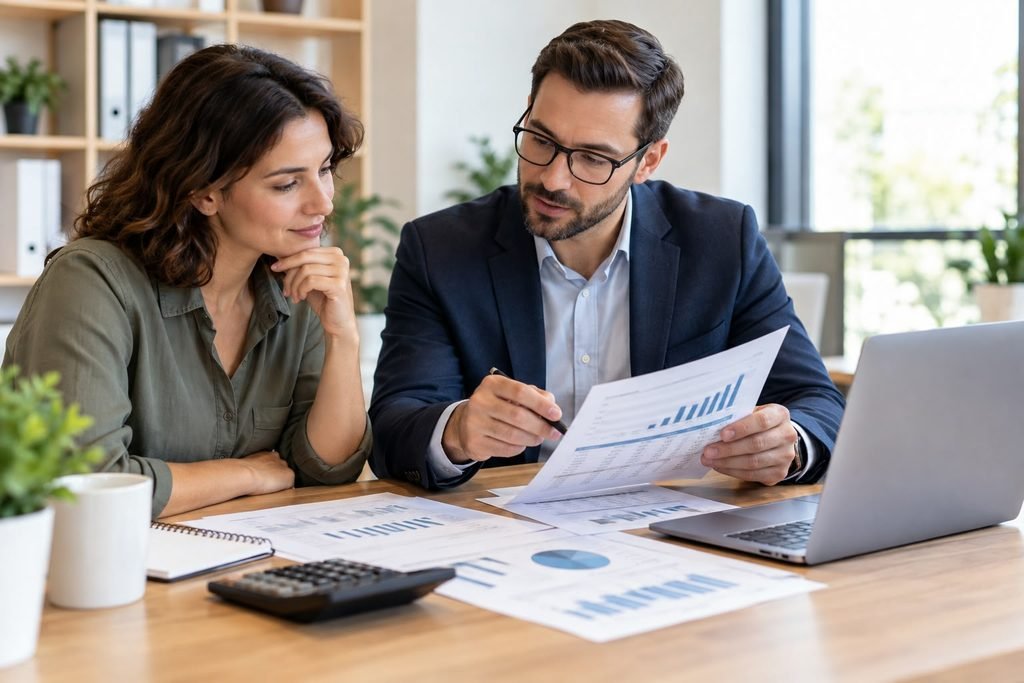 CPA reviewing financial documents with a small business owner