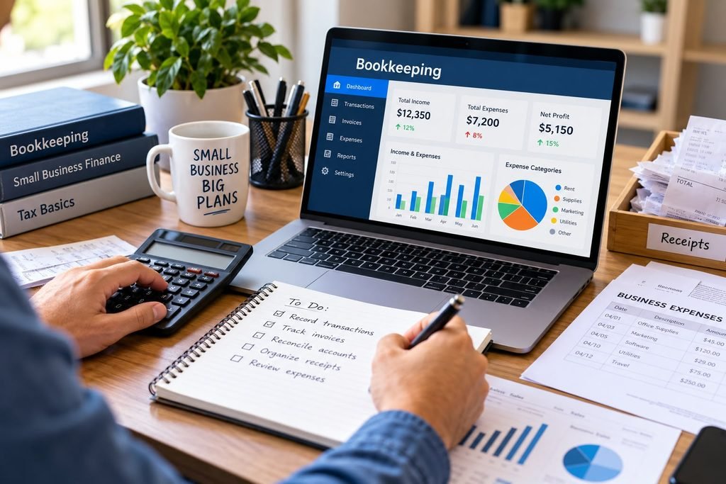 business owner managing bookkeeping with a laptop, calculator, financial records, and receipts.
