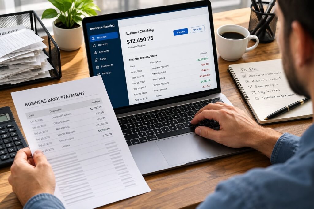 Small business owner managing a business bank account for small business on a laptop