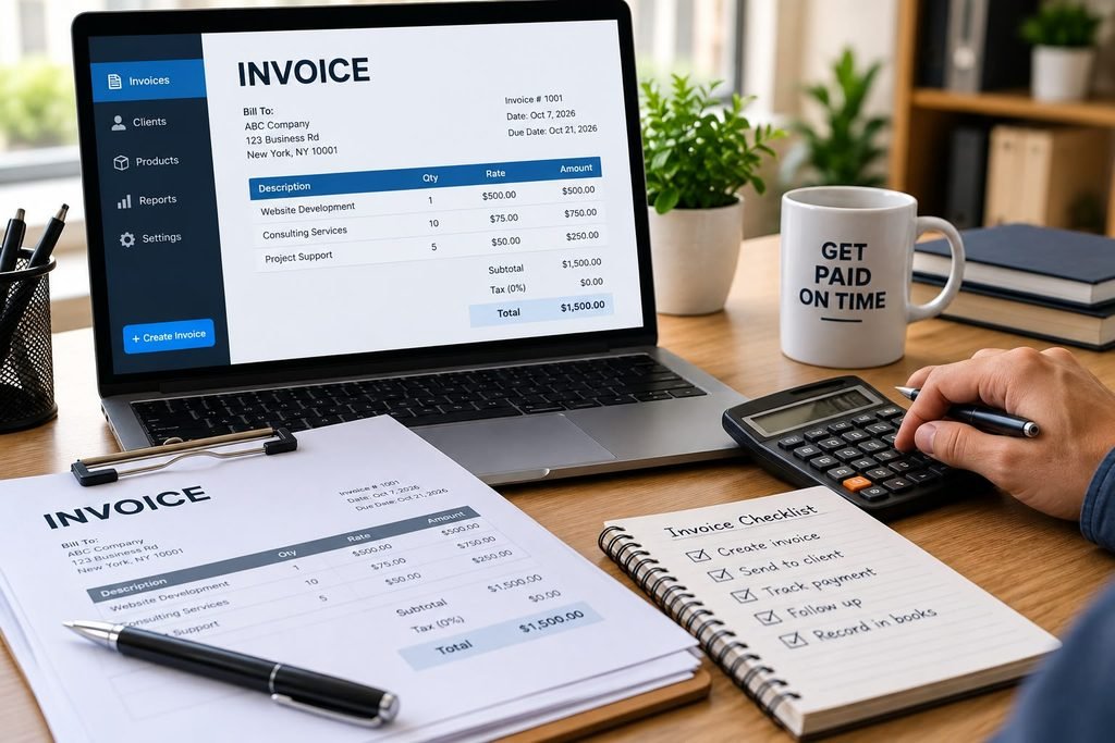 Small business owner creating and managing invoices on a laptop