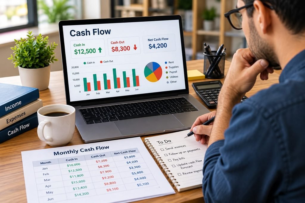 Small business owner reviewing cash flow, income, and expenses on a laptop