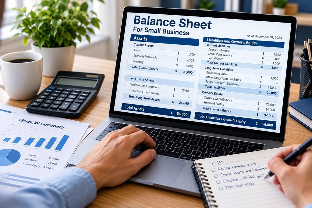 Small business owner reviewing a balance sheet with assets, liabilities, and equity on a laptop
