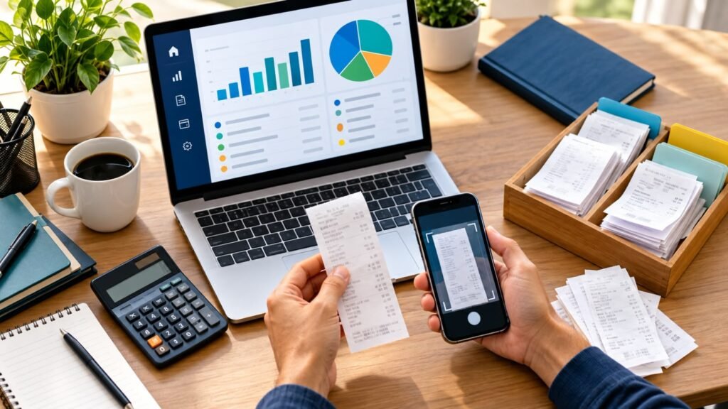 Small business owner's desk with a laptop showing an expense dashboard, a phone scanning a receipt, and organized receipts