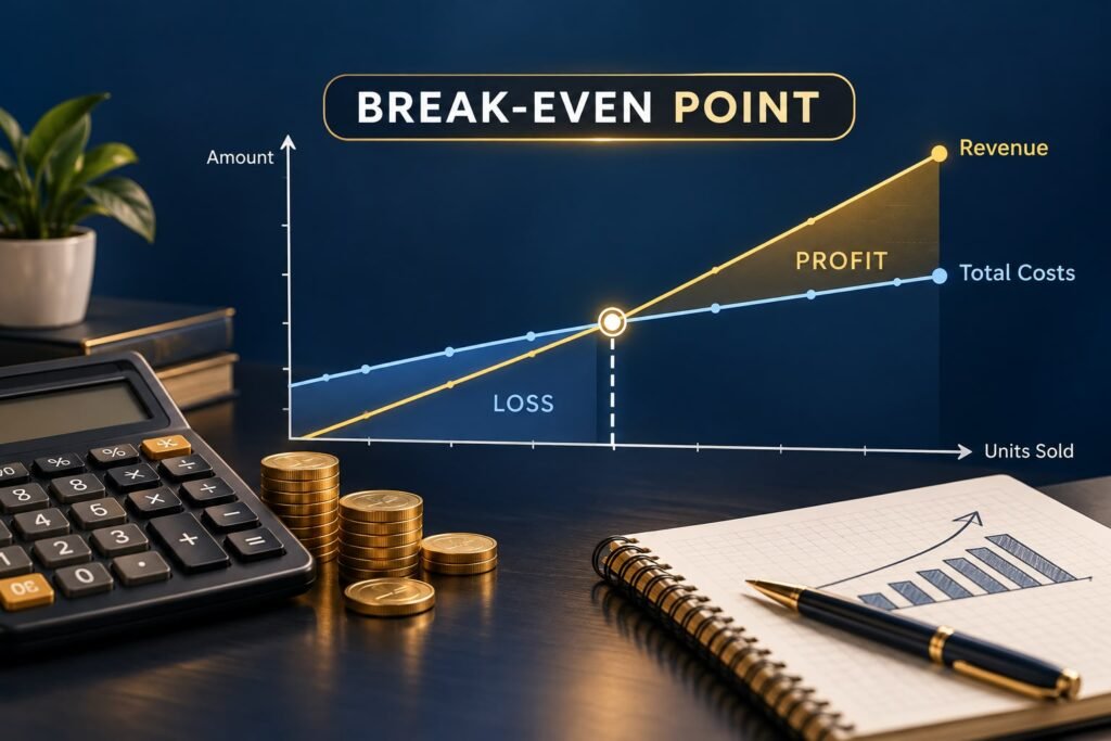 Break even analysis for small business: owner reviewing costs and sales on a laptop