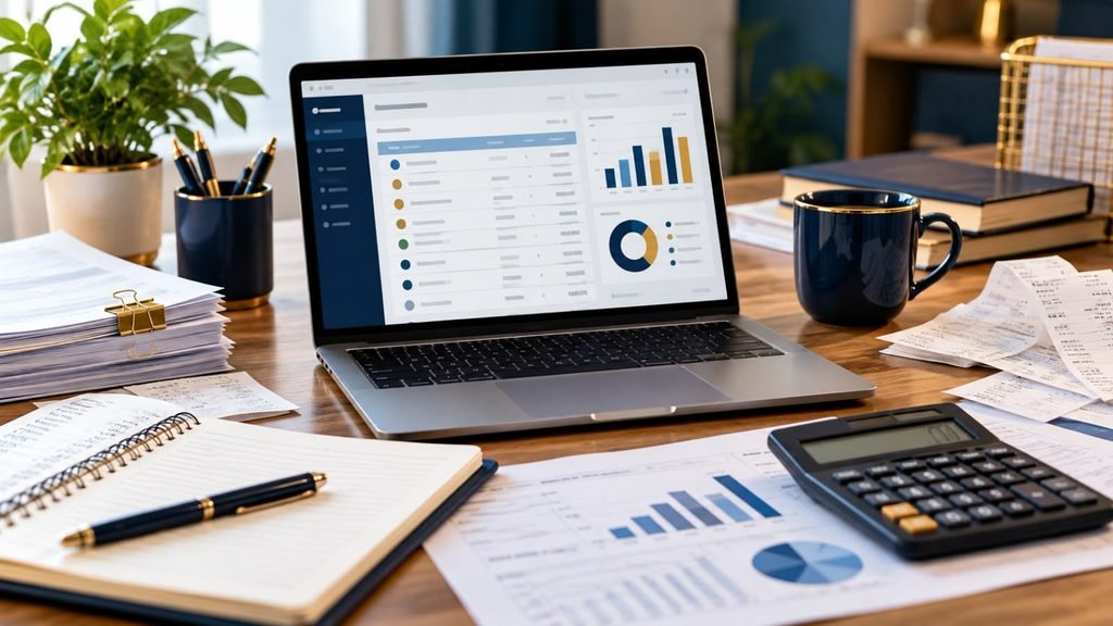 Chart of Accounts for Small Business bookkeeping dashboard with financial reports and calculator