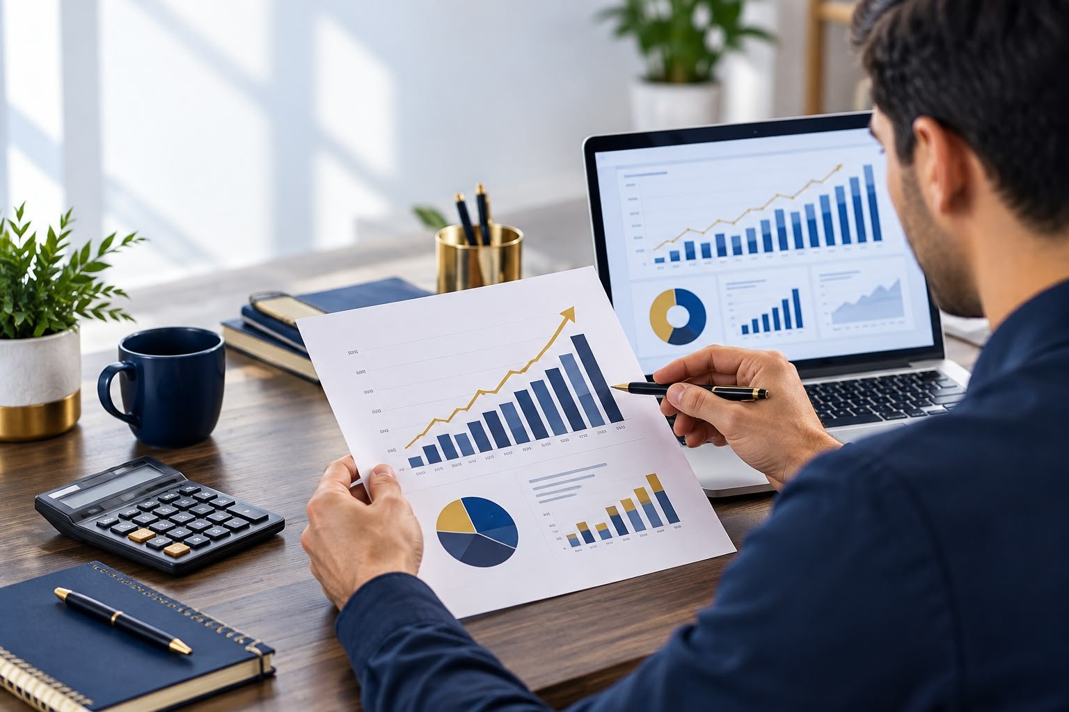 Small business owner analyzing profit margins, revenue charts, and financial performance.