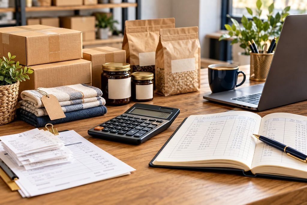 Cost of goods sold for small business: owner reviewing purchase invoices and inventory boxes at a desk