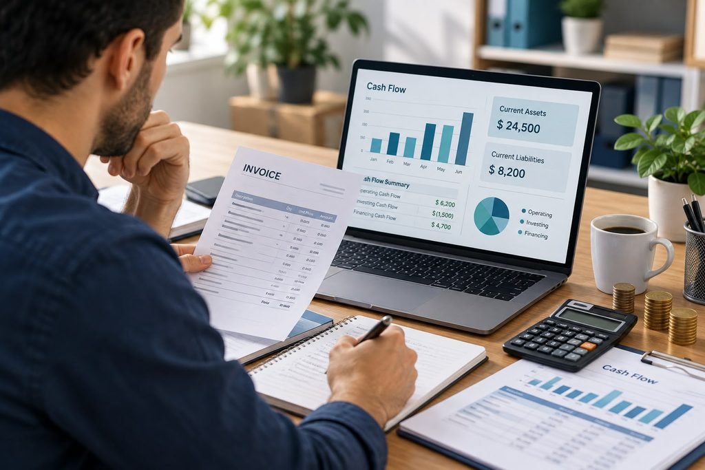 Working capital for small business: owner comparing current assets and current liabilities on a laptop