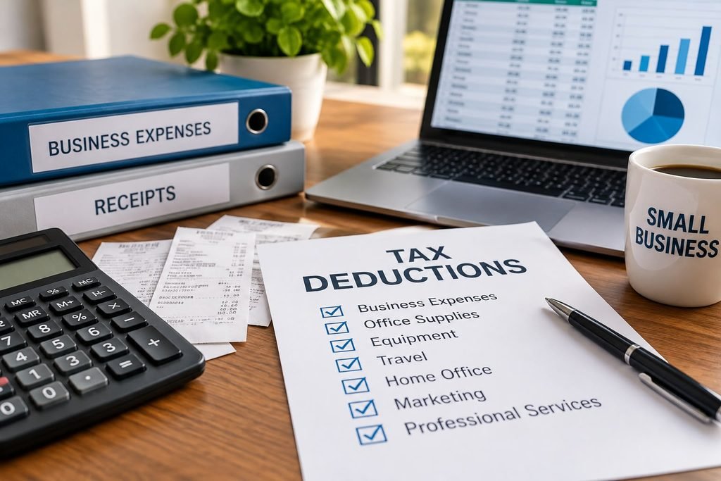 Small business owner reviewing receipts and tax deductions on a laptop