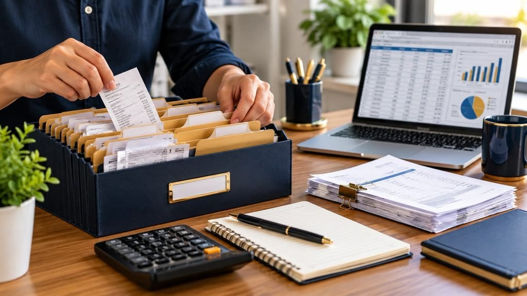 Small business receipt management: owner sorting paper receipts into labeled folders next to a laptop