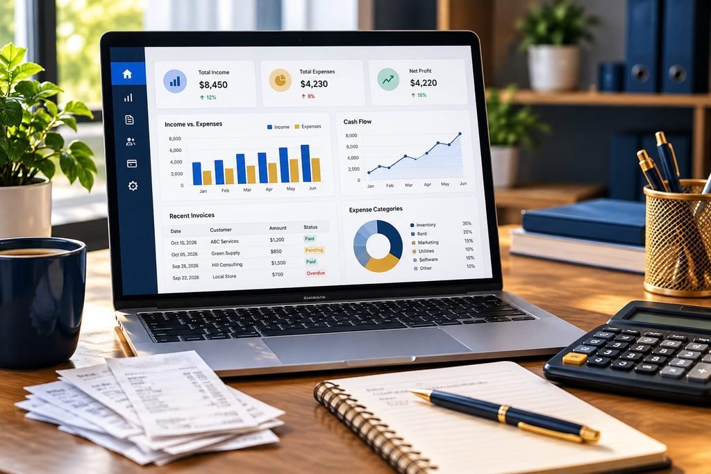 Month end closing for small business: owner checking off a month-end checklist beside a laptop showing financial reports