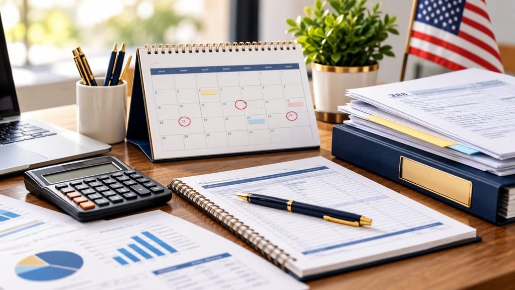 Small business tax deadlines: owner marking tax due dates on a wall calendar next to a laptop