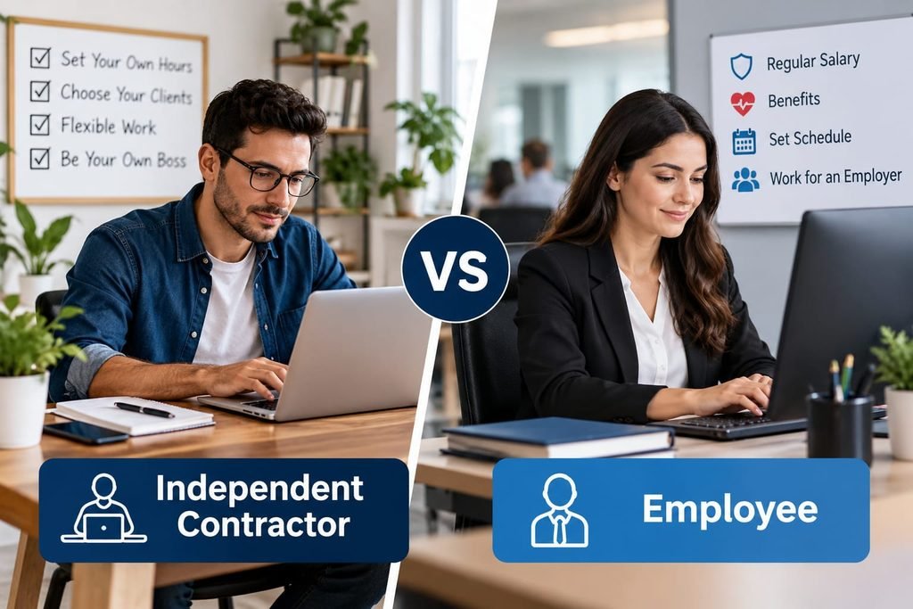 Independent contractor vs employee: small business owner comparing two worker profiles on a laptop