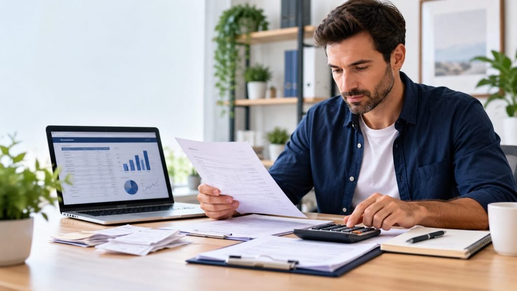 Self employment tax for small business: owner reviewing a tax form and a calculator at a desk