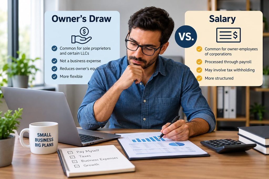 Small business owner reviewing salary and owner’s draw records