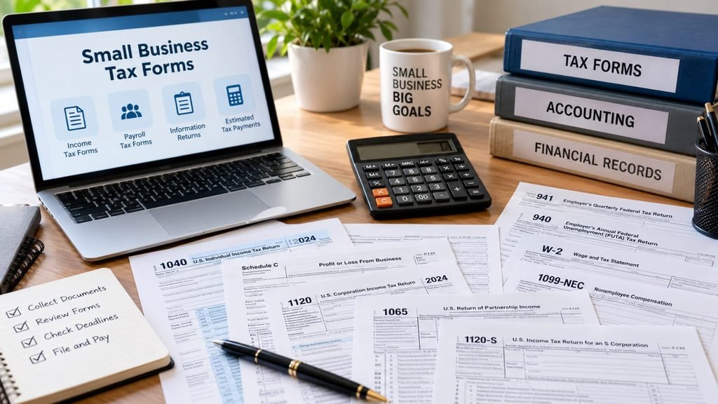 Small business owner organizing tax forms and financial documents