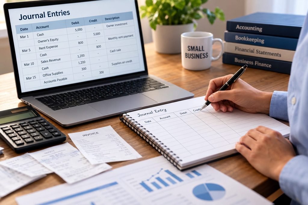 Small business owner recording journal entries in an accounting ledger beside a laptop, calculator, and financial documents.