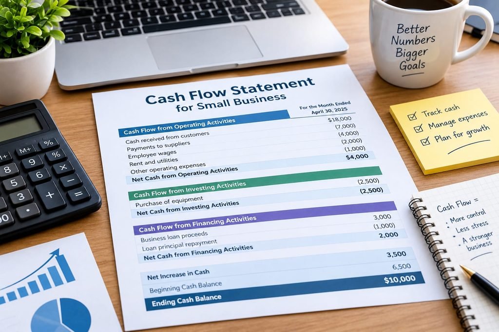 Cash flow statement for small business showing operating, investing, and financing activities with cash balances.