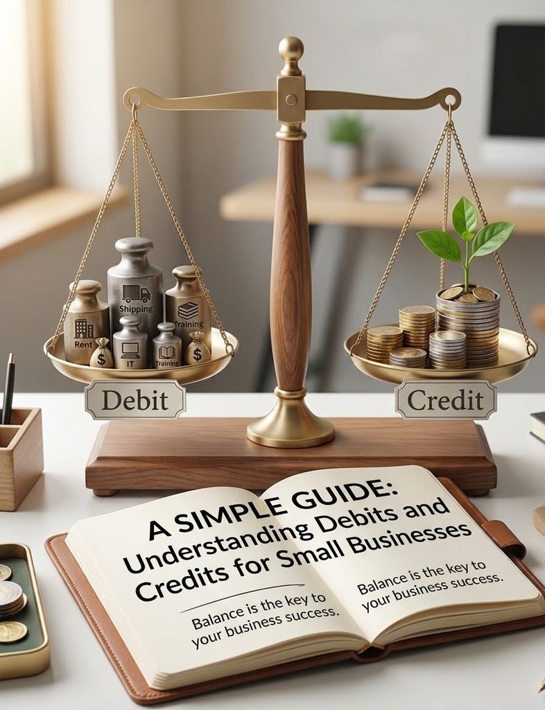 Small business owner reviewing debits and credits in an accounting ledger on a laptop